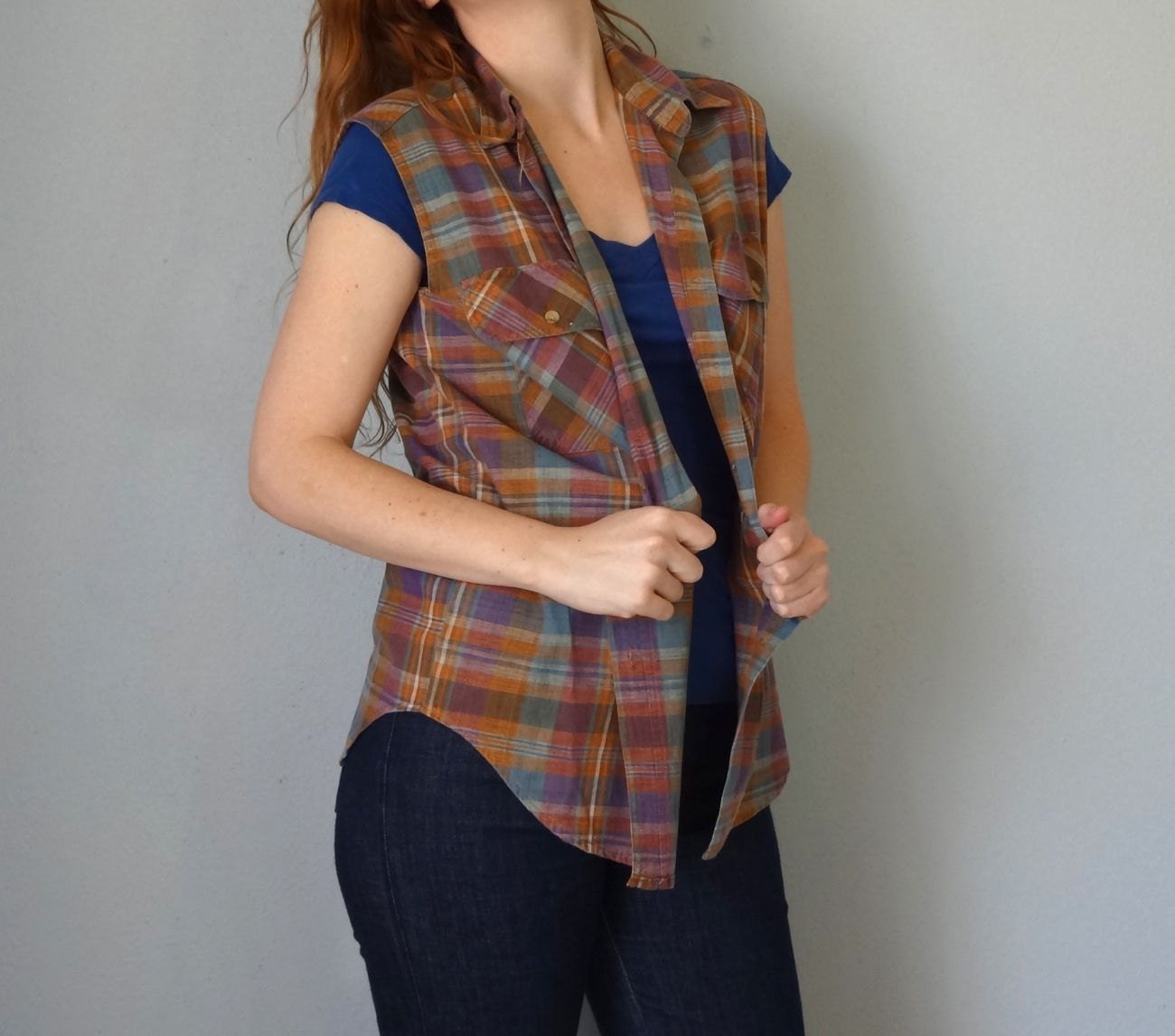 Vintage ROVER Shirt/ 1990s Plaid Shirt / Sleeveless Button Up
