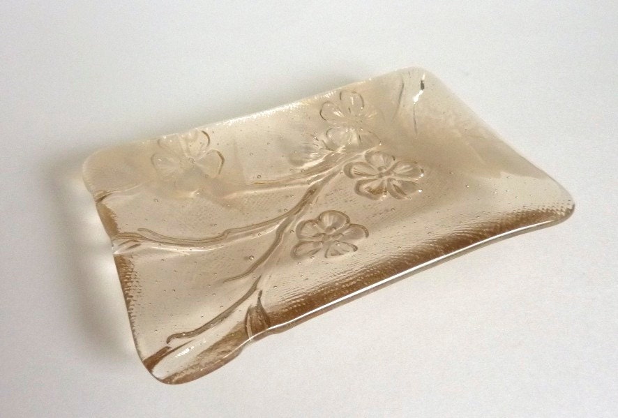 Rose Brown Fused Glass Cherry Blossom Imprint Dish