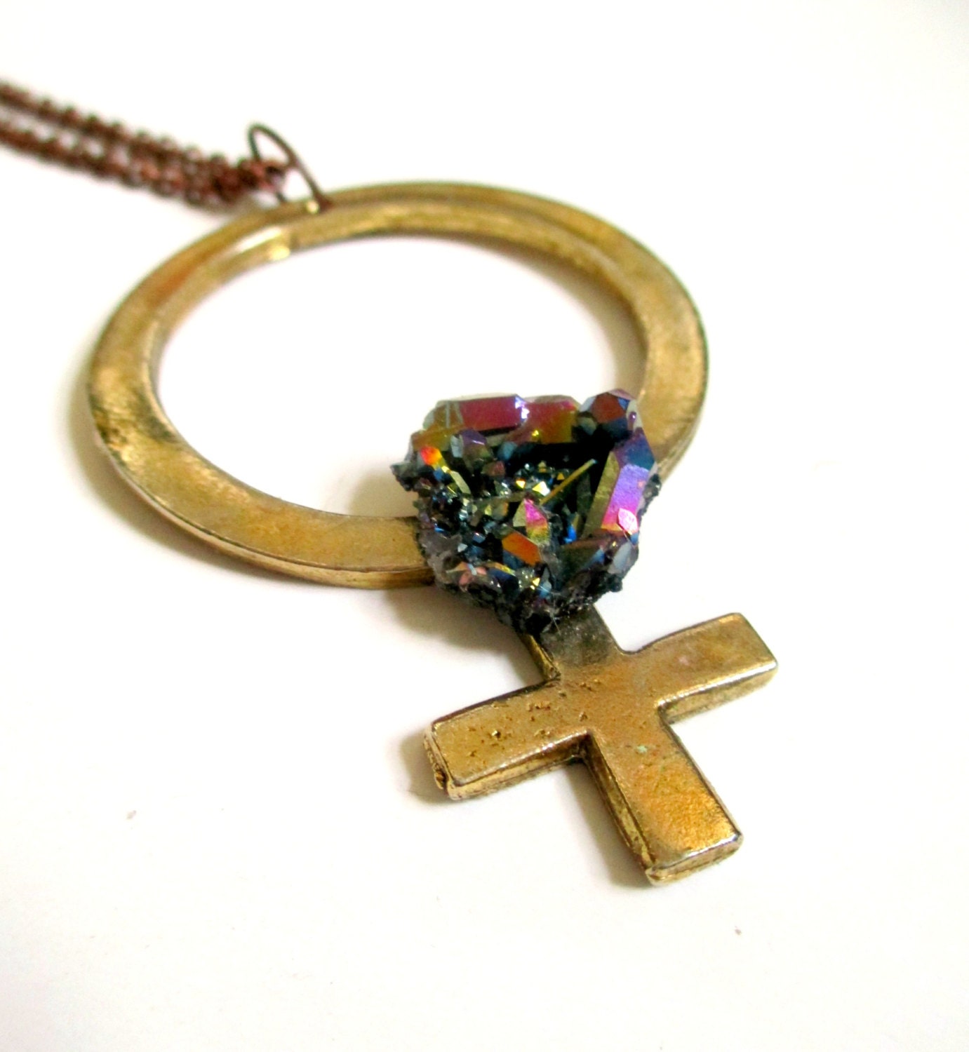 Rainbow Goddess. Titanium Quartz Crystal Cluster Stone & Vintage Brass Venus Necklace
