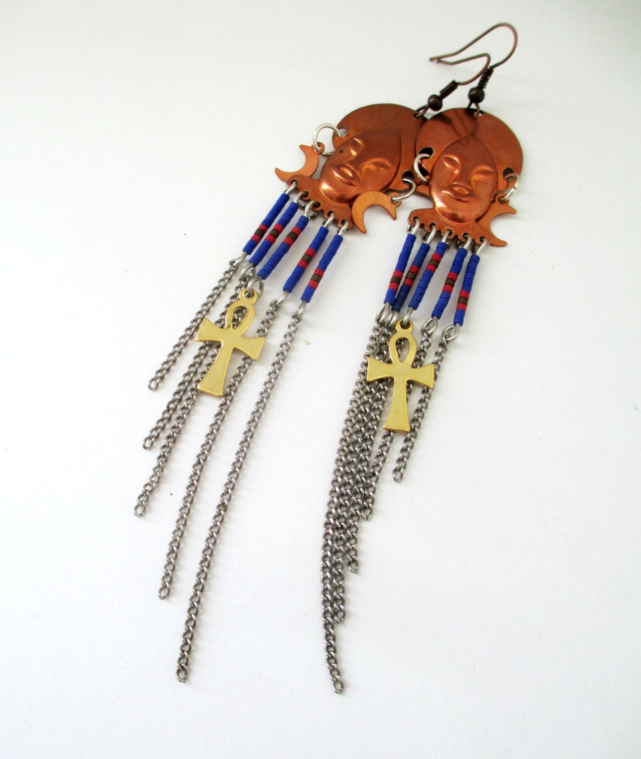 Chevron Beaded African Mask & Ankh Statement Earrings