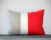 Poppy Red Color Block Decorative Pillow with Cream and Natural Linen Stripes by JillianReneDecor Modern Spring Home Decor