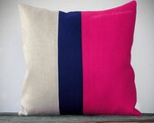 Color Block Pillow (20x20) Hot Pink, Navy and Natural Linen by JillianReneDecor Modern Home Decor Colorblock Striped Trio