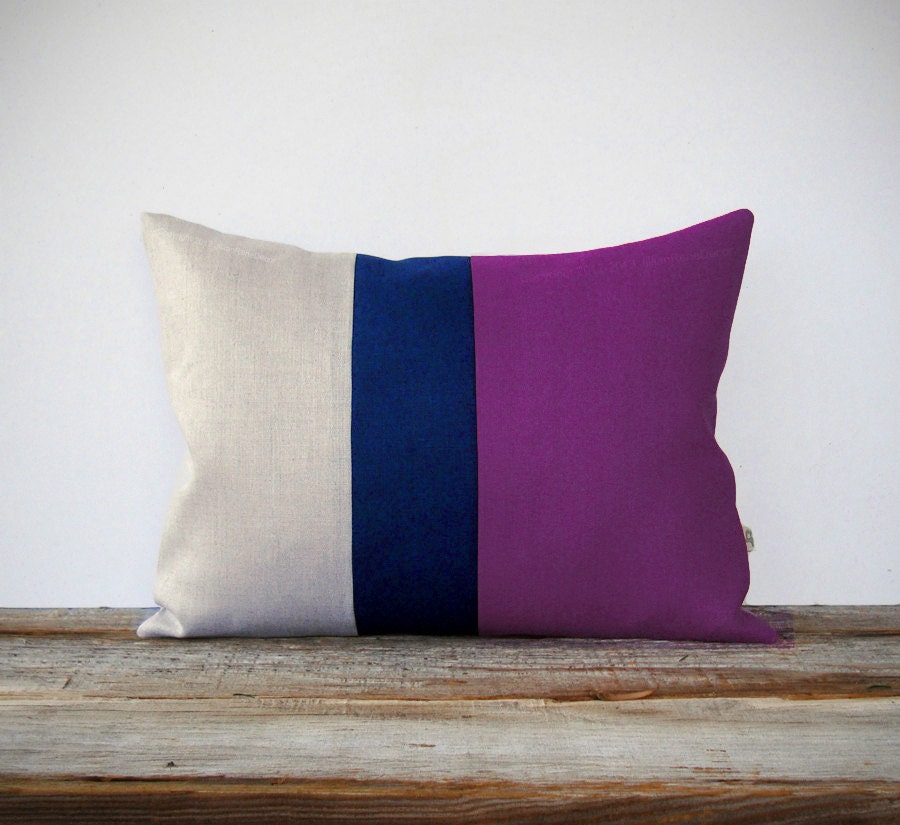 Color Block Pillow in Purple, Navy and Natural Linen Stripes by JillianReneDecor Spring Home Decor - Decorative Pillow - African Violet