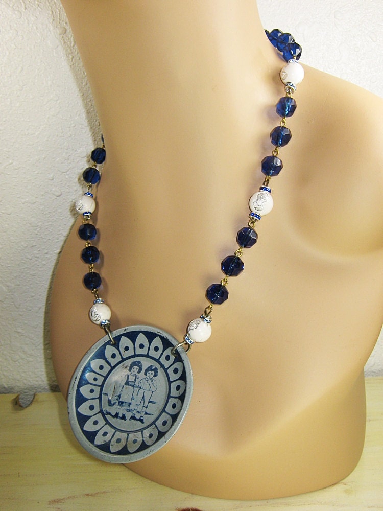 Blue Vintage Tin Plate Necklace- Blue Sapphire, Rosary Beads, White Vintage Beads, Blue Rhinestones, Handmade, One of a Kind