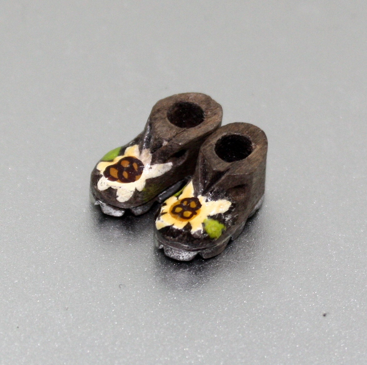 Vintage Miniature Shoes Handmade Wooden Boots Dollhouse Accessory Hand Painted Sunflower Tiny