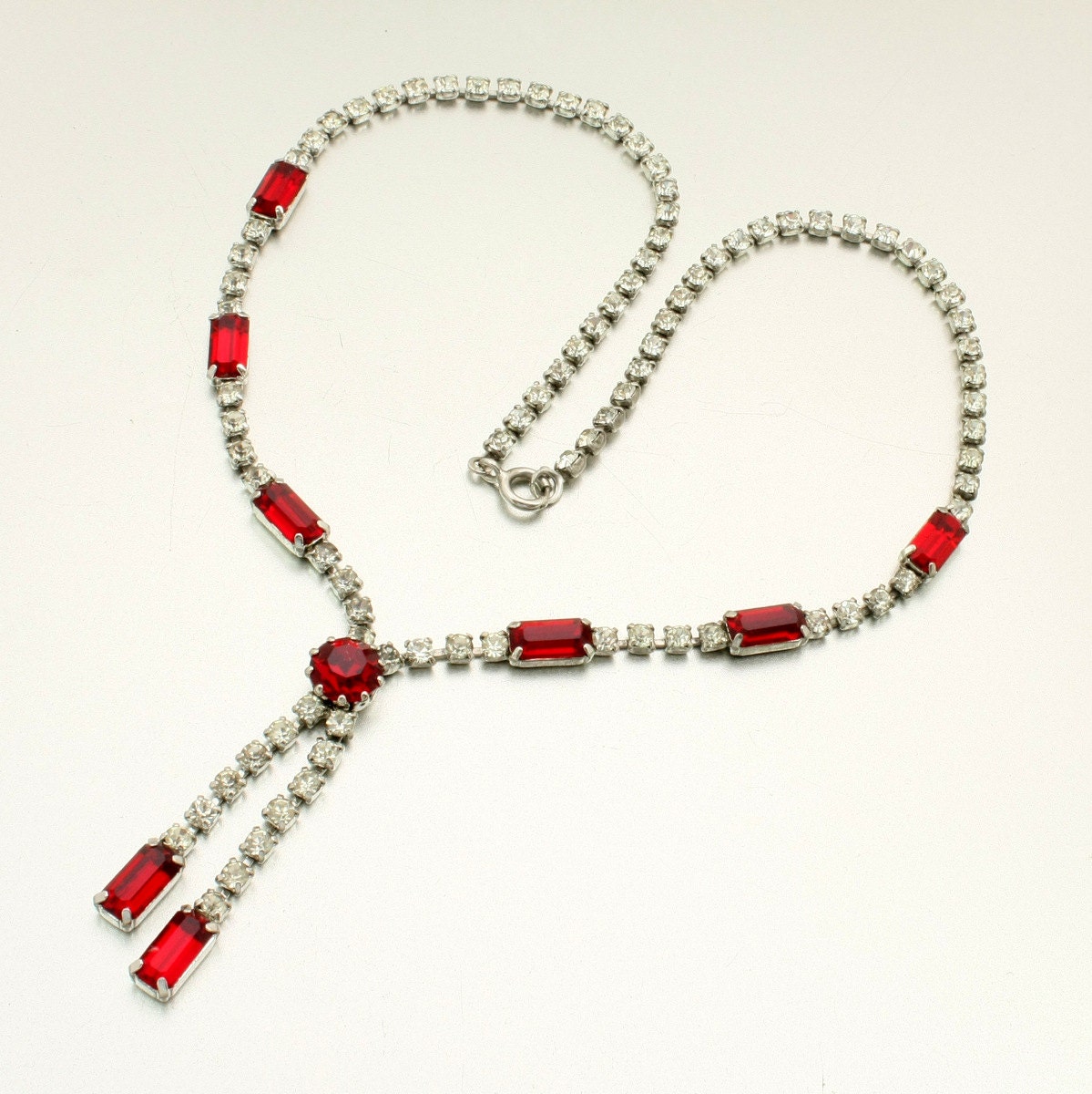 Vintage Rhinestone Lariat Necklace, Red Baguette Diamante