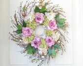Pink Spring wreath - Pink  parchment roses - Front Door Decoration