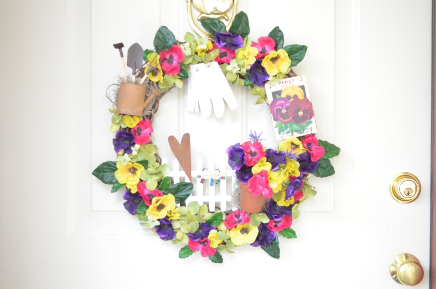 Pansy Wreath- Purple, dark  pink and yellow Pansy Flowers - Bright and colorful  - Gardening Wreath