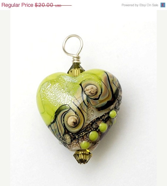 ON SALE 30% OFF Lime Stardust Heart Pendant - Sterling Silver Finding - Swarovski crystal - Dichroic - Handmade Glass Lampwork Bead - Hp-11