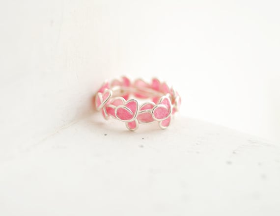 Pink Forget Me Not Ring, Anniversary Weddings Sterling Silver Flowers, Paper Artisan Wearable Art Jewelry...