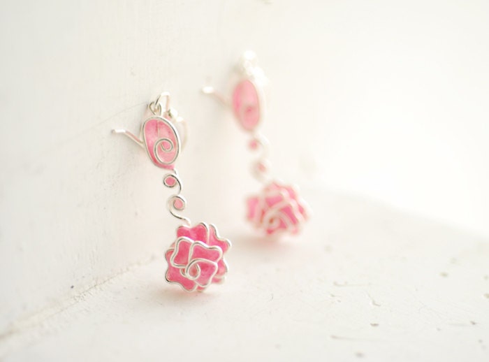 Rose Flower Earrings, Pale Pink, Delicate Artisan Jewelry, Paper Wearable Art...