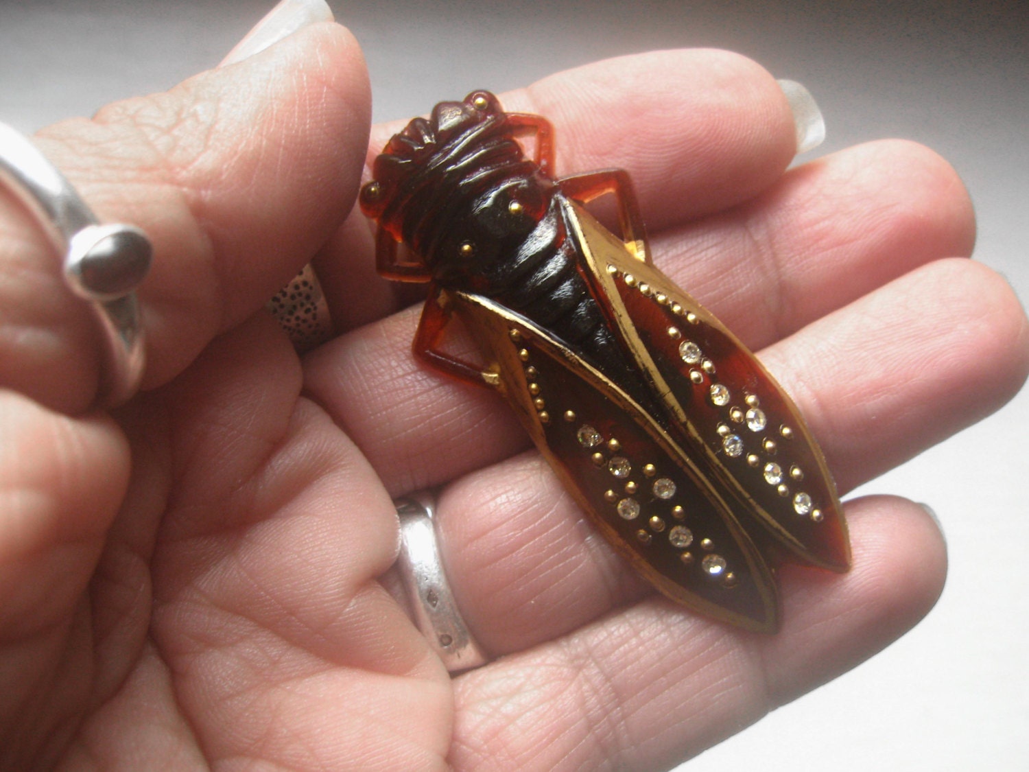 Rare Vintage 1960's Lucky French Cicada Pin Rootbeer Brown Rhinestone Accents Large