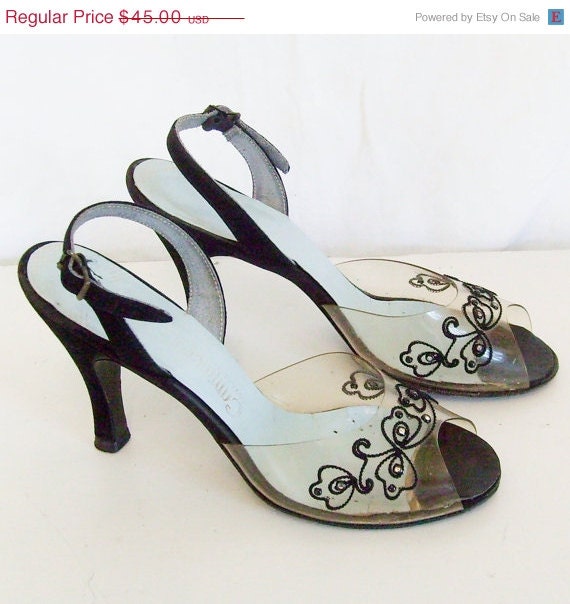 Memorial Day Sale Vintage Cammeyer pump heels clear plastic open toe slingback sandals black with rhinestones and embroidery 6 1/2 AA