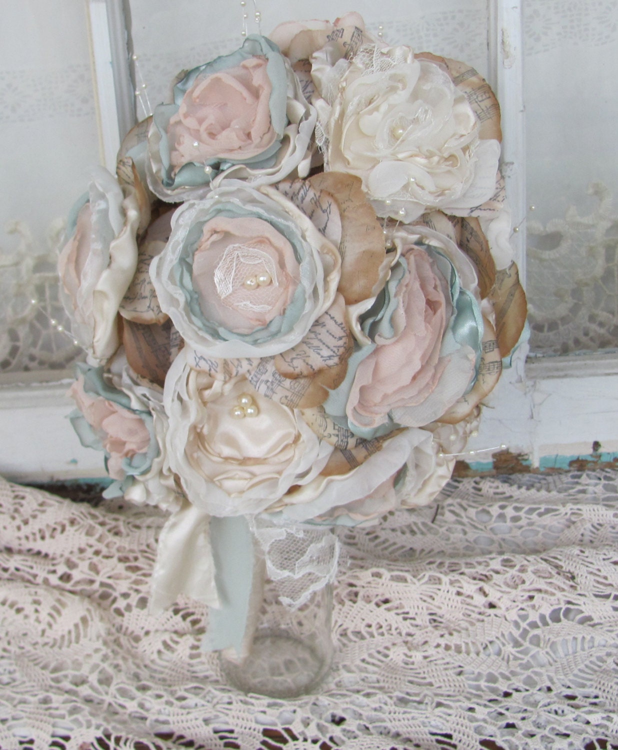 Vintage Inspired Peach, Ivory and Mint Wedding Bouquet  Custom Order any color