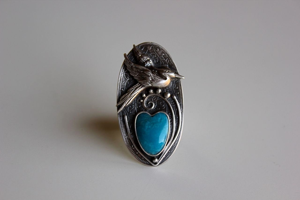 Great Blue Heron Ring....... sterling silver, turquoise heart,