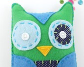 Felt Owl Stuffed Toy Softie Plush Kelly Green Navy Blue Hand Stitched