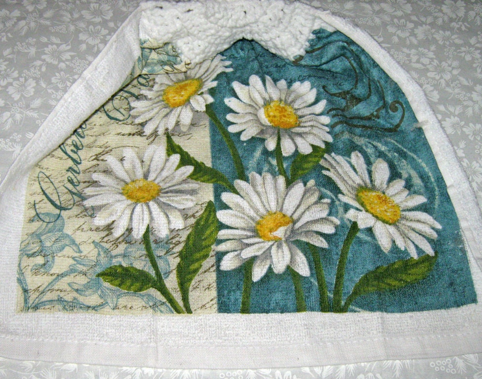Crochet hanging top towel, daisy design, white top