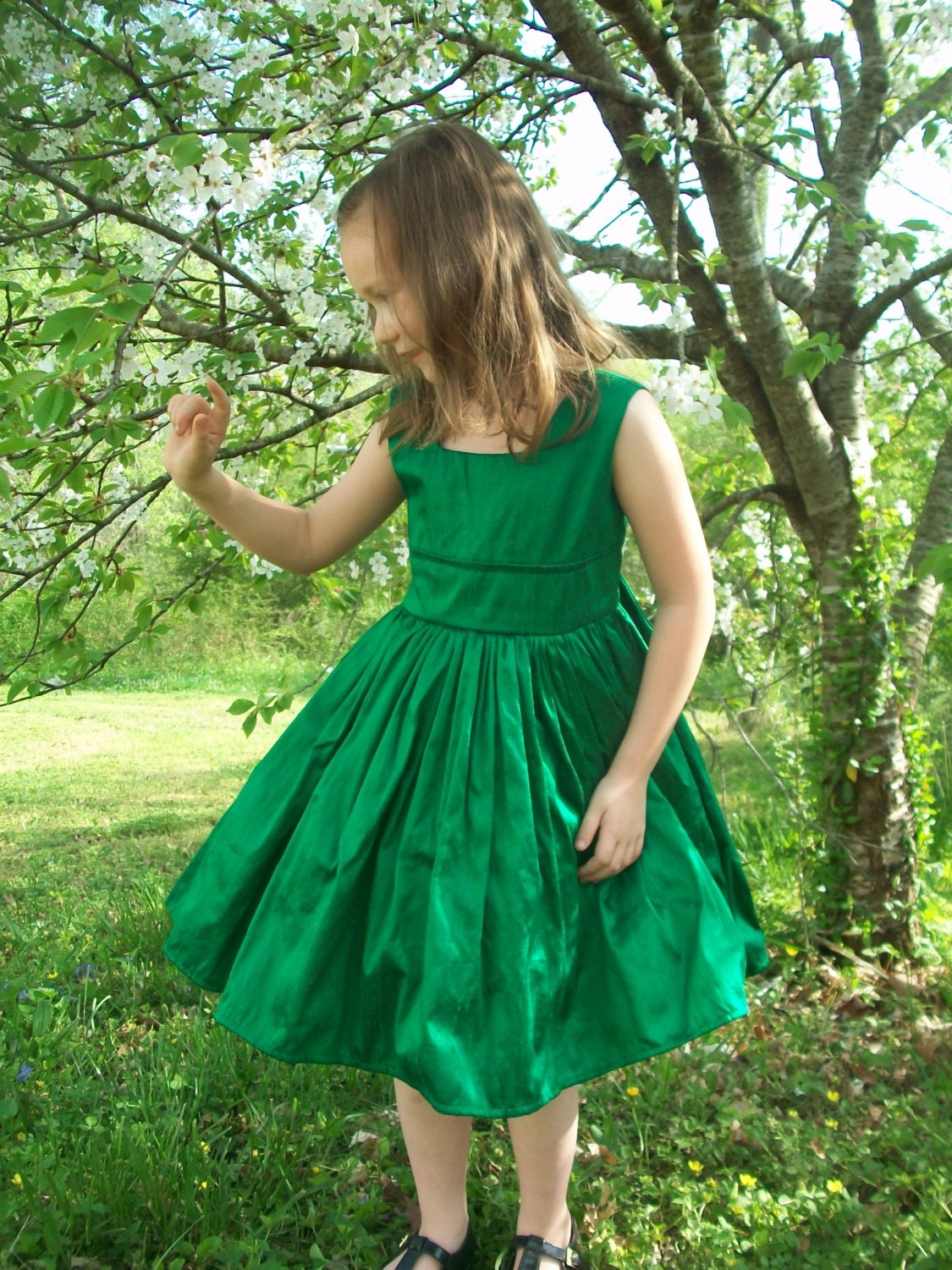 Emerald Green Silk Flower Girl Party Dress With Long Bow