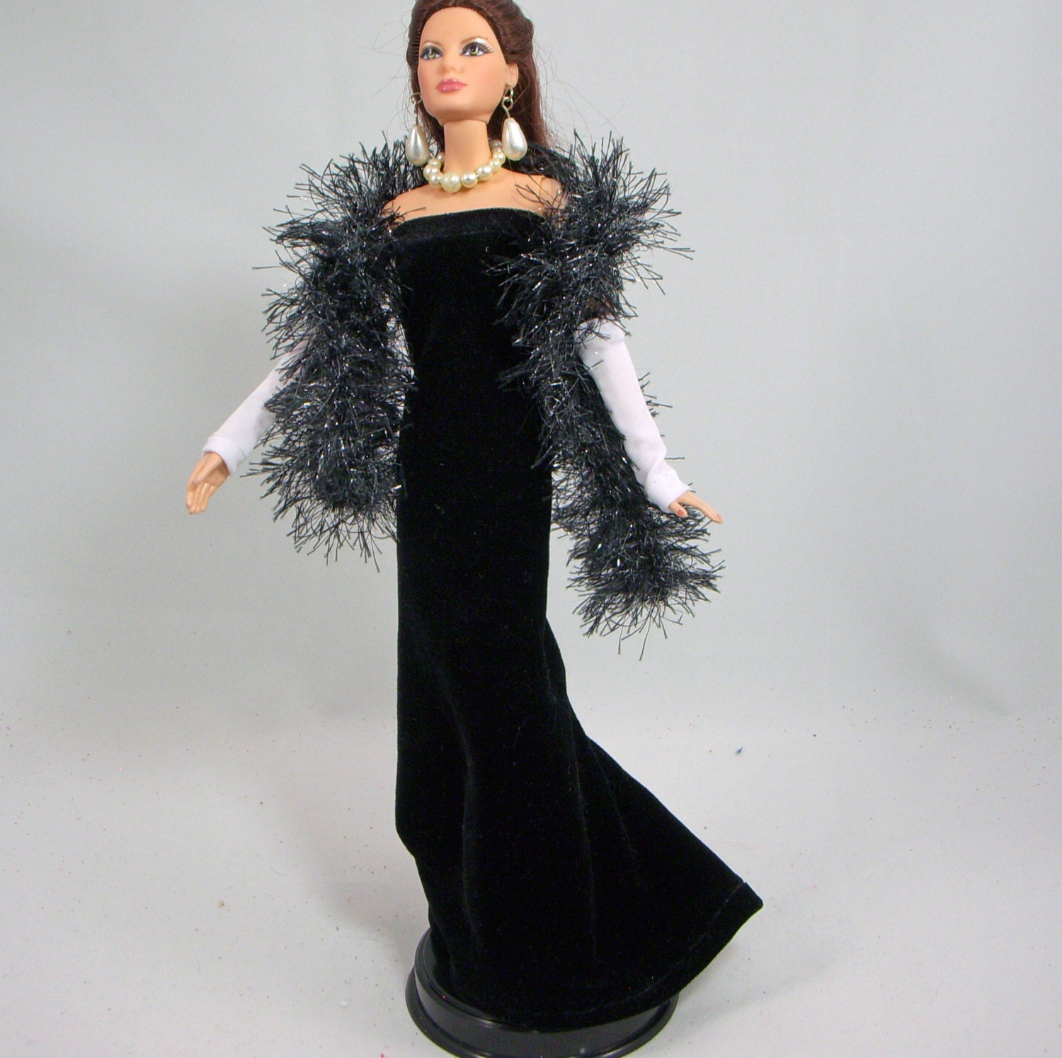 OOAK Black Velvet Barbie Evening Dress with matching Shawl, Crochet Boa, Wristlets, Earrings and Necklace