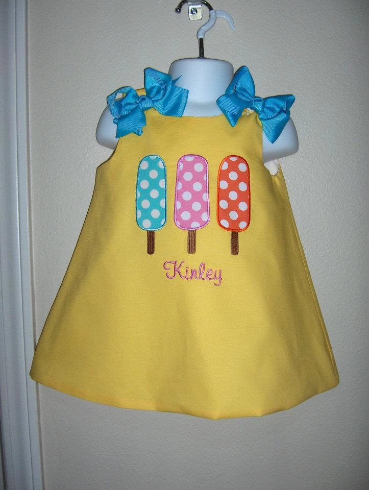 Custom made boutique appliqued monogrammed embroidered Ice Cream a line dress jumper or jon jon shortalls