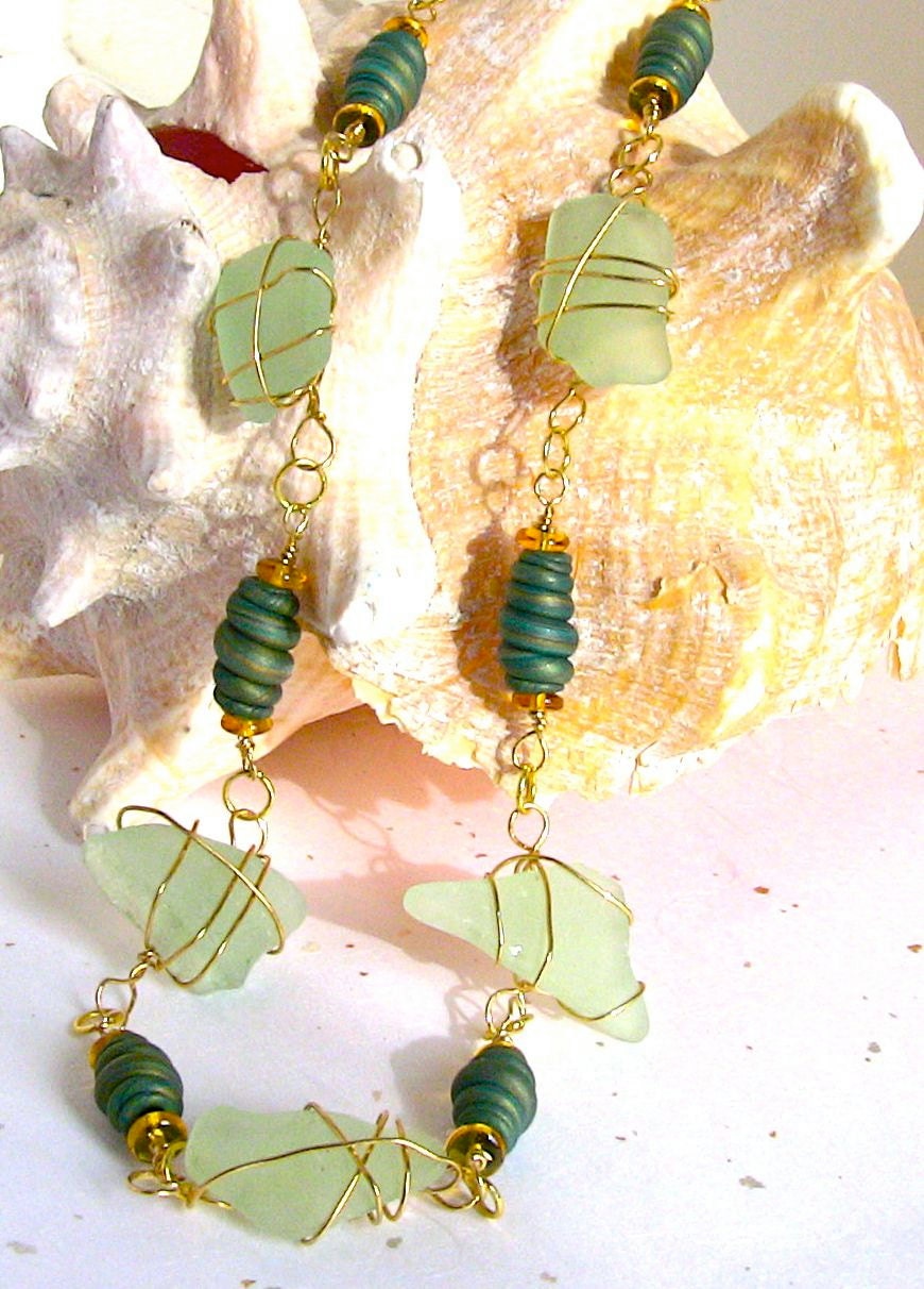 Sea Glass Necklace,  Ceramic Art Beads and Beach Glass, Green Necklace