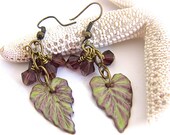Long Amethyst Earrings, Purple Flower Earrings, Artisan Purple Earrings with Green Ivy Leaves
