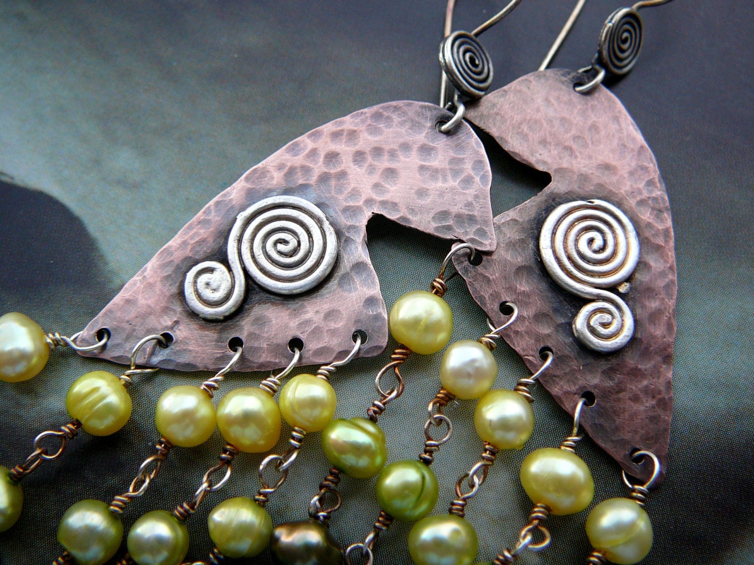 Peacock silhouette earrings - copper, sterling silver and freshwater pearls