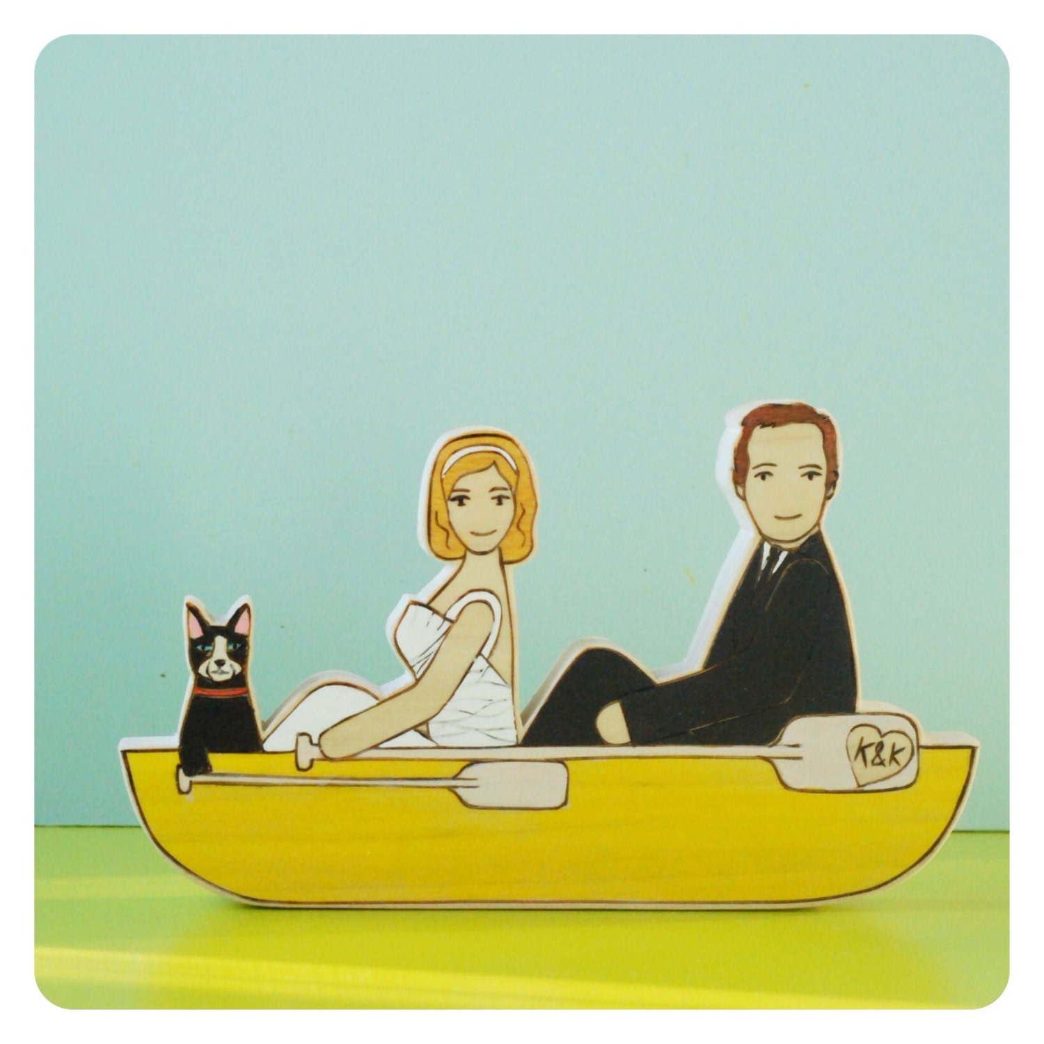 Custom Wedding Cake Topper Couple in  Canoe or Kayak with One Pet