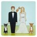 Custom Wedding Cake Topper couple with Three Pets