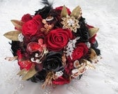 Venetian Renaissance Gold Silver Red Velvet Rose Bridal Bouquet Set.