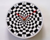 Checkered Clock, Black and White Checkers, Spiral Patterns, Red Hands, Retro Style Kitchen Clock