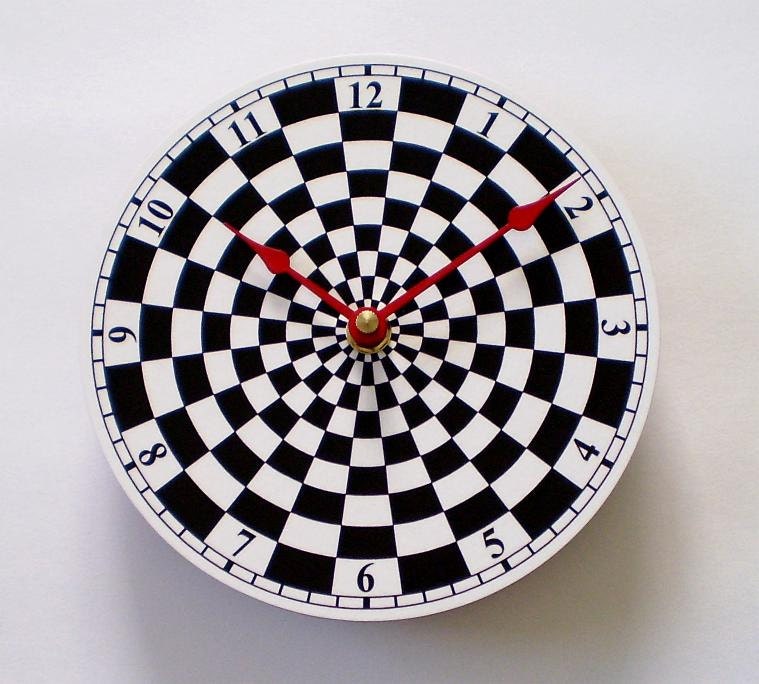 Checkered Clock, Black and White Checkers, Spiral Patterns, Red Hands, Retro Style Kitchen Clock