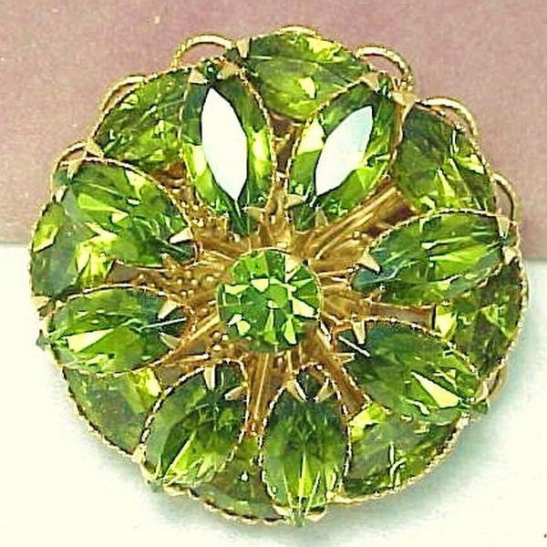 Dazzling Peridot Green Rhinestone Brooch Layered Unsigned Designer