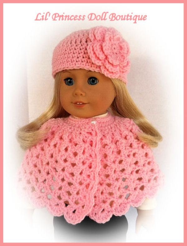 Made For American Girl Dolls, Crochet Cape and Flower Hat, Light Pink, 18 Inch Doll Clothes, Spring