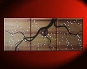 Triptych Painting Large Gold Tan Brown with White Cherry Blossoms Tree Branch Art 48x20 Ready to Ship