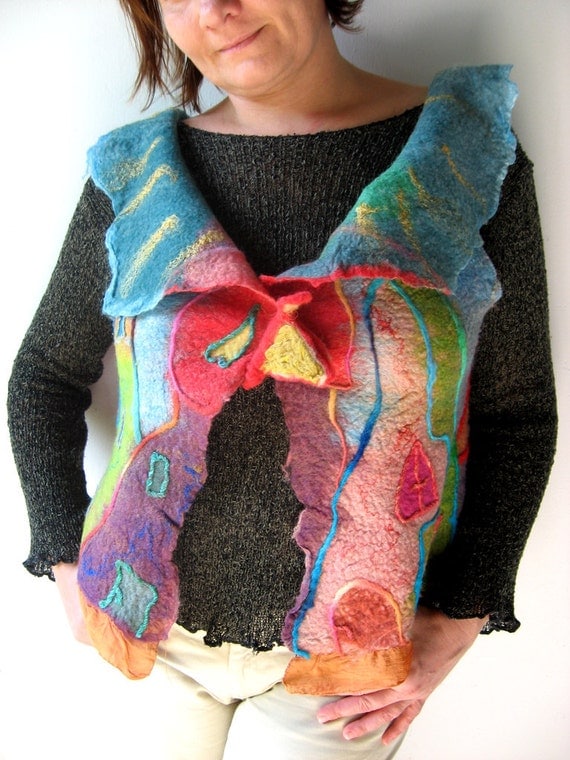 Little Houses Felted  Art  Picture Vest  (mixed merino wool and mulberry silk)