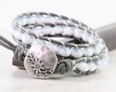 Beach Leather Wrap Bracelet Gray Leather Summer Fashion Boho Style Double Wrap Brass White Blue Denim Silver Sea Anemone Button