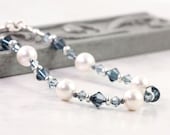 Bridal Jewelry Bracelet White Pearl Blue Sapphire Crystal Lobster Clasp