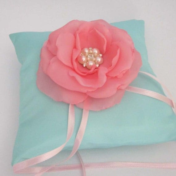 Wedding Ring Pillow, Bearer Pillow in Mint with Pink Rose E163, ceremony accessory