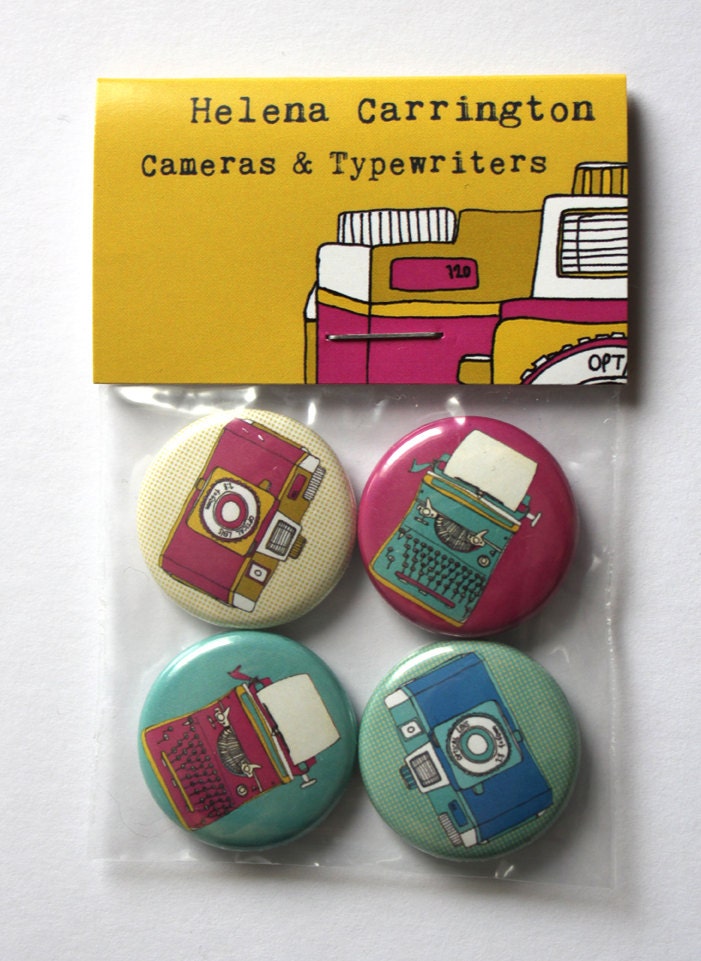 Retro Camera and Typewriter Badges / Pins / Buttons Set of 4