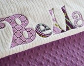 Monogrammed Baby Blanket in TWILIGHT, Lavender or Plum Purple Dot Minky and White Chenille, Personalized with Your Baby Girl's First Name