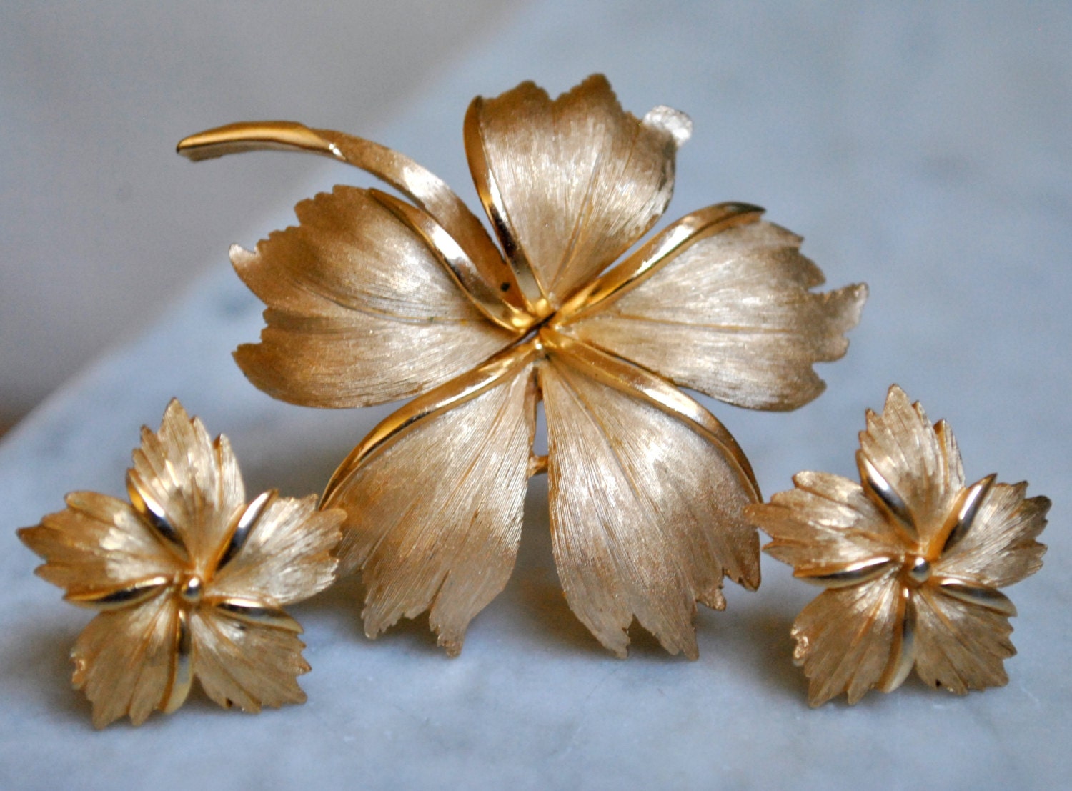 Crown Trifari Figural Gold Flower Brooch and Matching Earrings