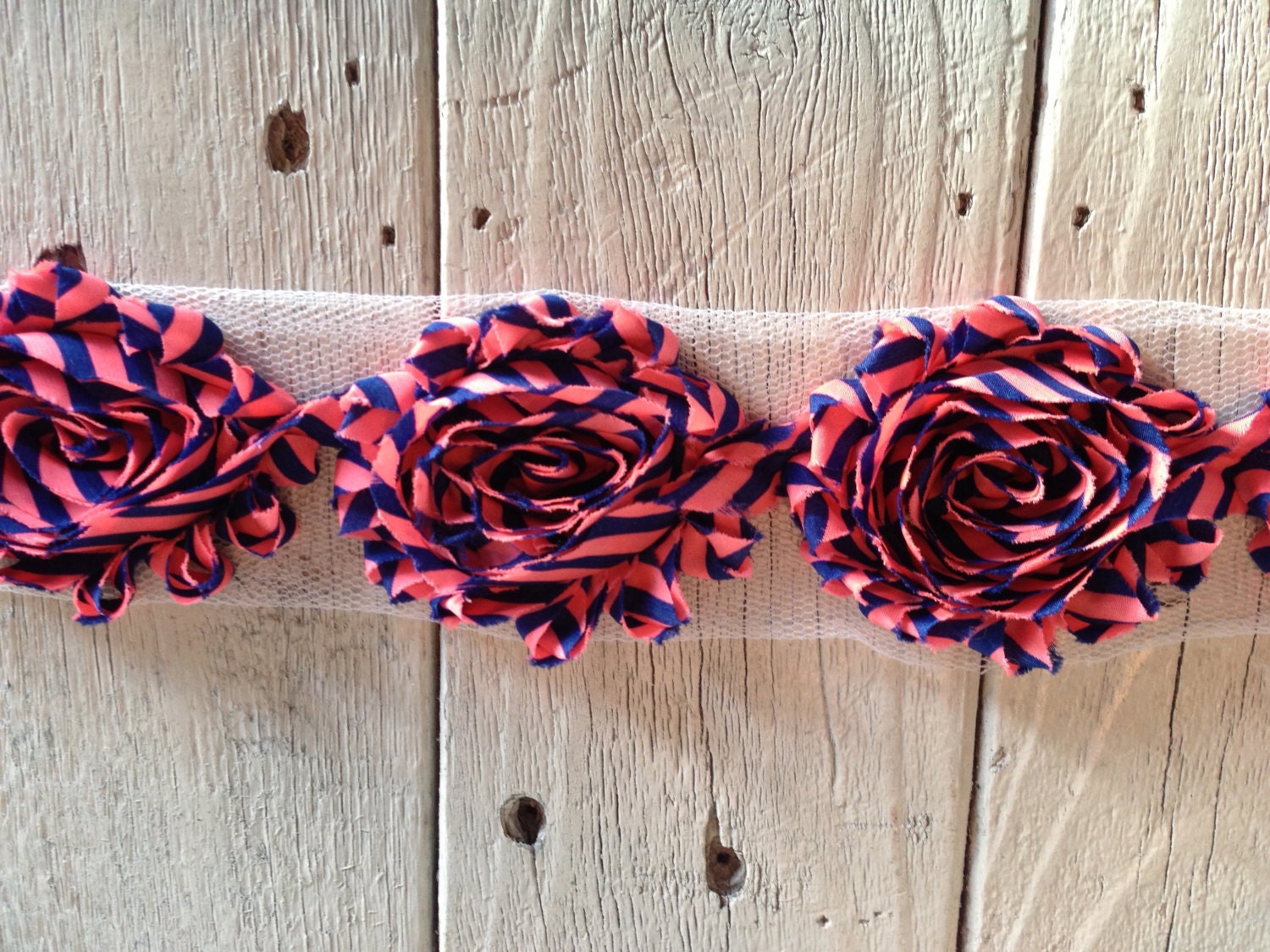 Shabby Rose Trim-PINK and BLUE STRIPE -2 1/2 inches-1/2 yard