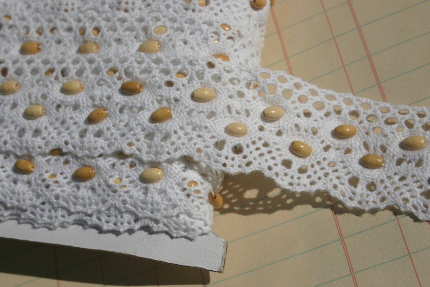 Cluny Trim White With Wood Beads - Sewing Embellishment - 3 Yards