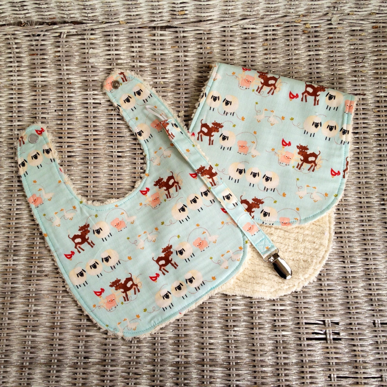 Little Farm Friends Bib Burp Cloth and Paci Clip Set