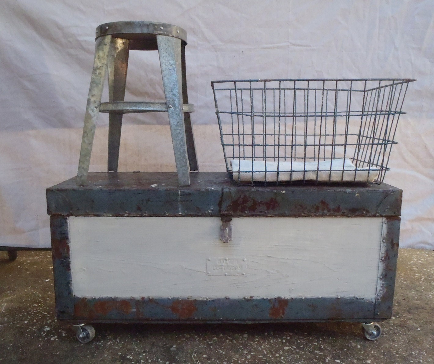 Vintage Carpenter Wood and Steel Tool Box Repurposed Coffee Table or Bench