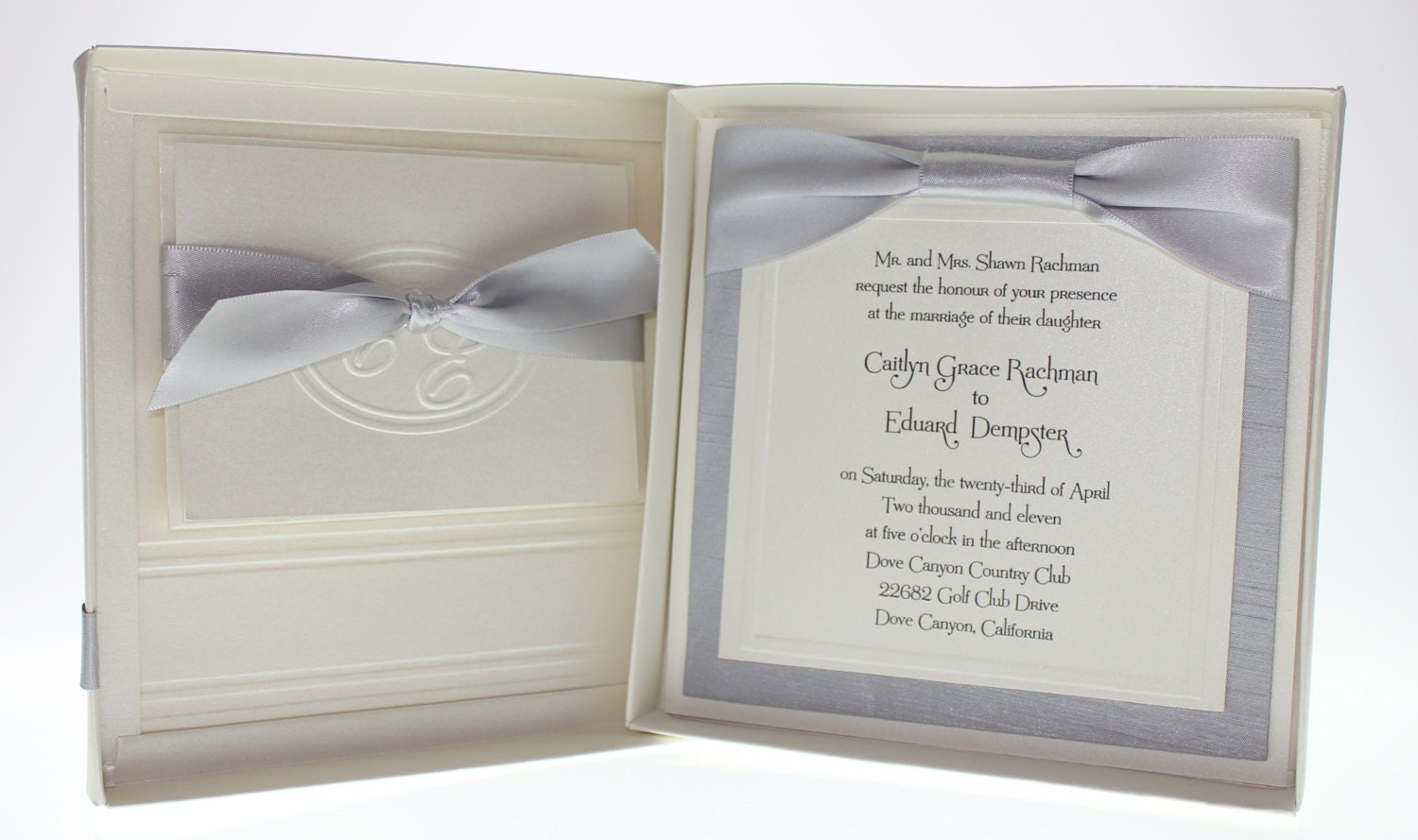 Tying the Knot - Couture Invitation, Silver, Ivory, Gray, Grey - Embossed monogram ,  Boxed Wedding  Invite-  Set of 100