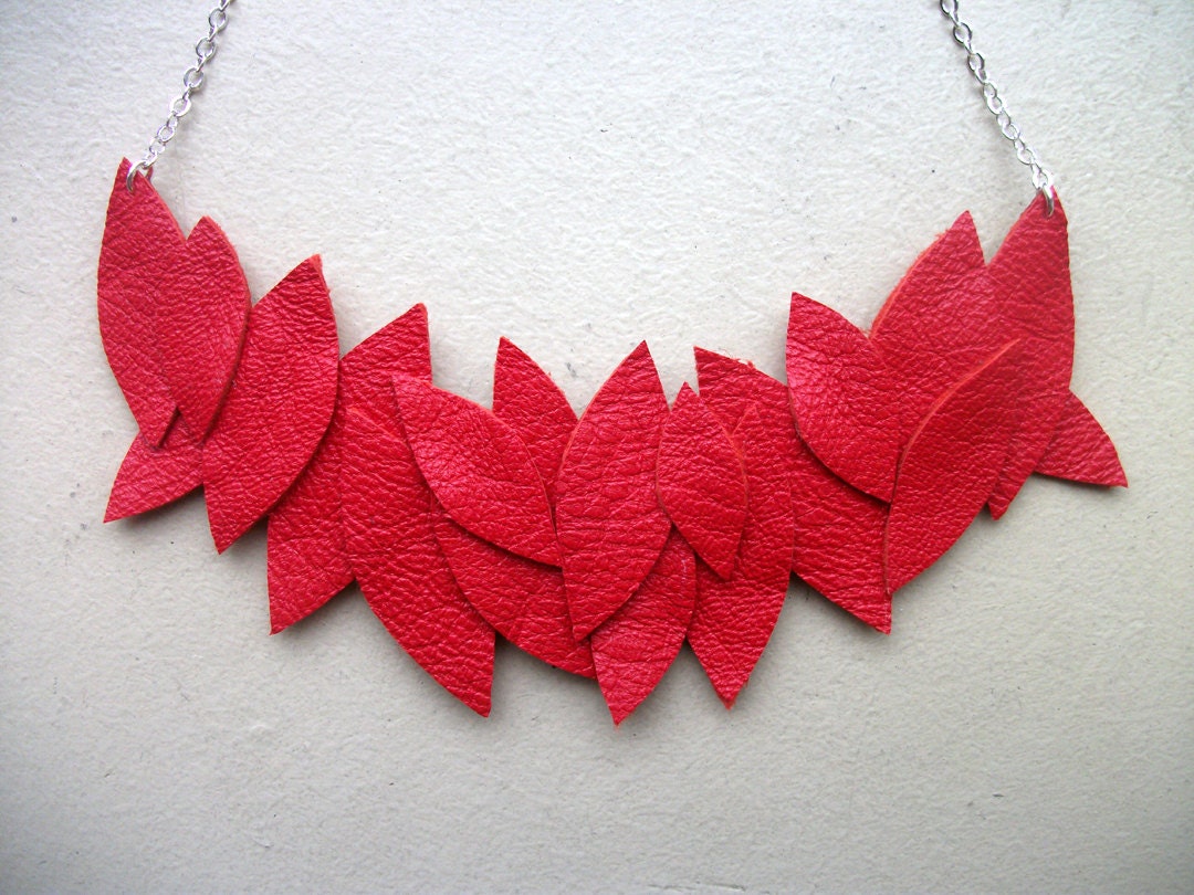 Red Leather Leaves Necklace