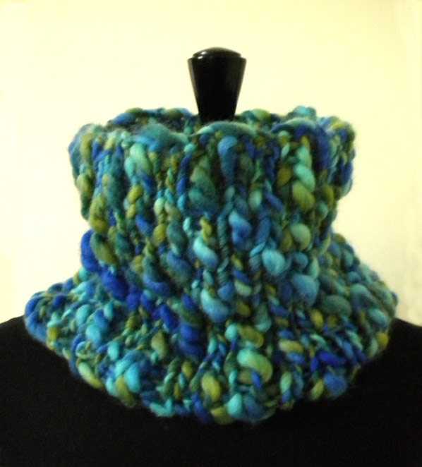 Blue Green Chunky Cowl - Hand Knit Wool - Cobalt Aqua Cerulean Olive Sap
