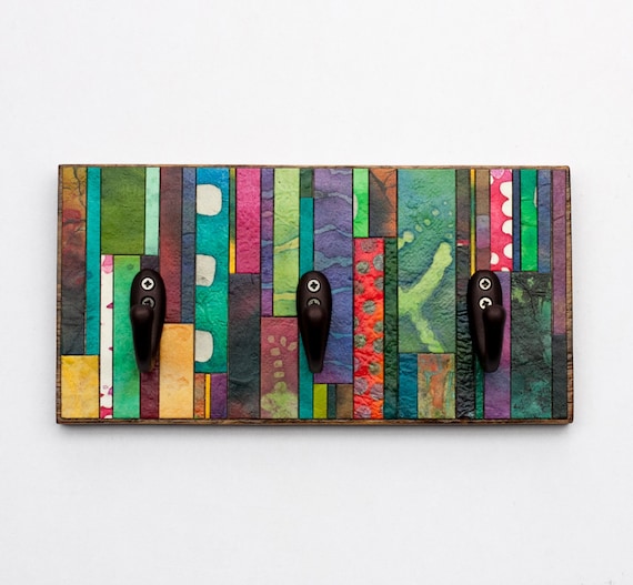 Wall Coat Rack Colorful Mosaic Striped Handmade Paper Reclaimed Wood